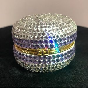 BNWT Pill Case /Trinket Box Ceramic Macaron Swarovski Crystals Clear/Purple